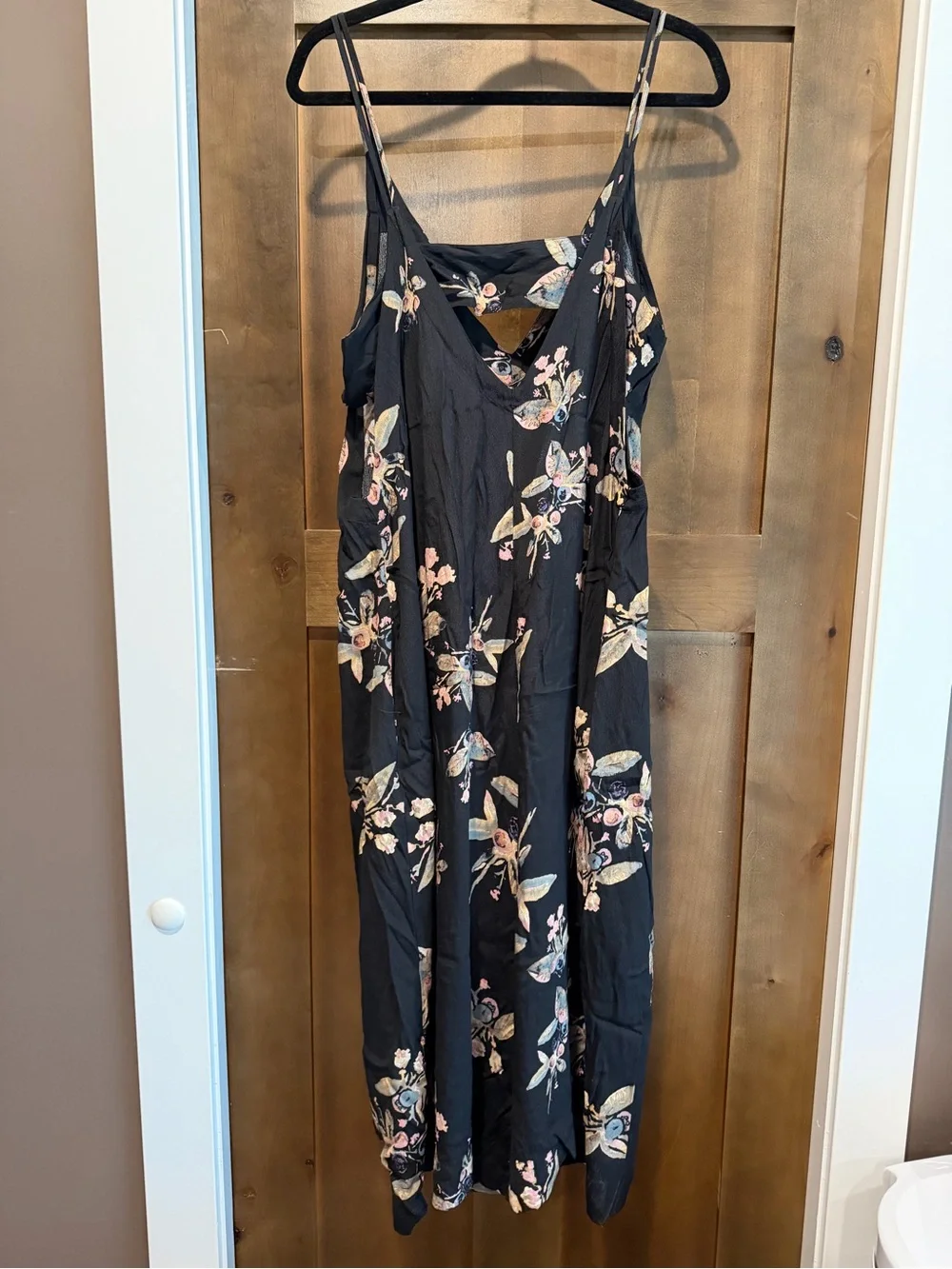 Free People Black Floral Wide-Leg Jumpsuit with Peach & Blue Blooms